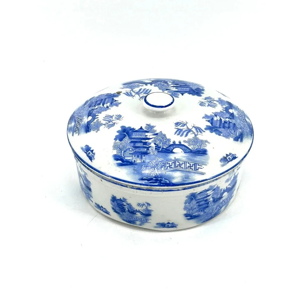 VTG Hall Blue Willow Transferware Covered Dish Round Pagoda Chinoiserie Blue